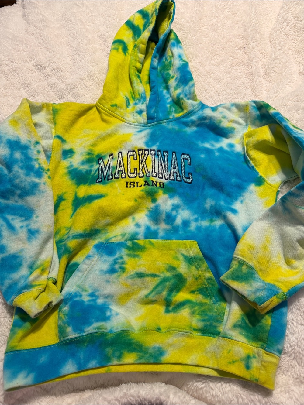 Exist Tie-Dye Hoodie in Blue and Yellow - Mackinac Island Graphic
